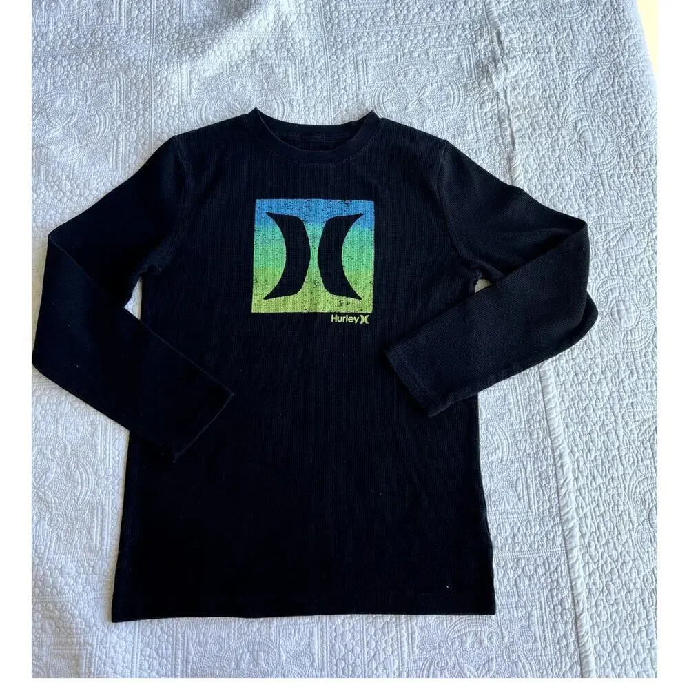 Hurley long sleeve crewneck thermal, black top, Youth boys 14-16